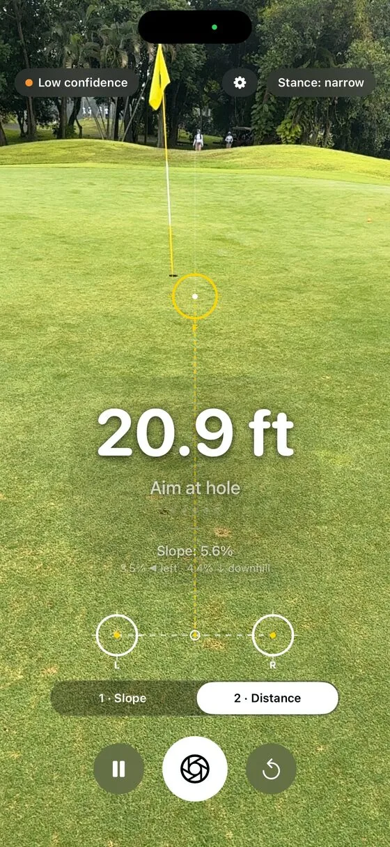 Distance mode measuring 20.9 feet toward the flag
